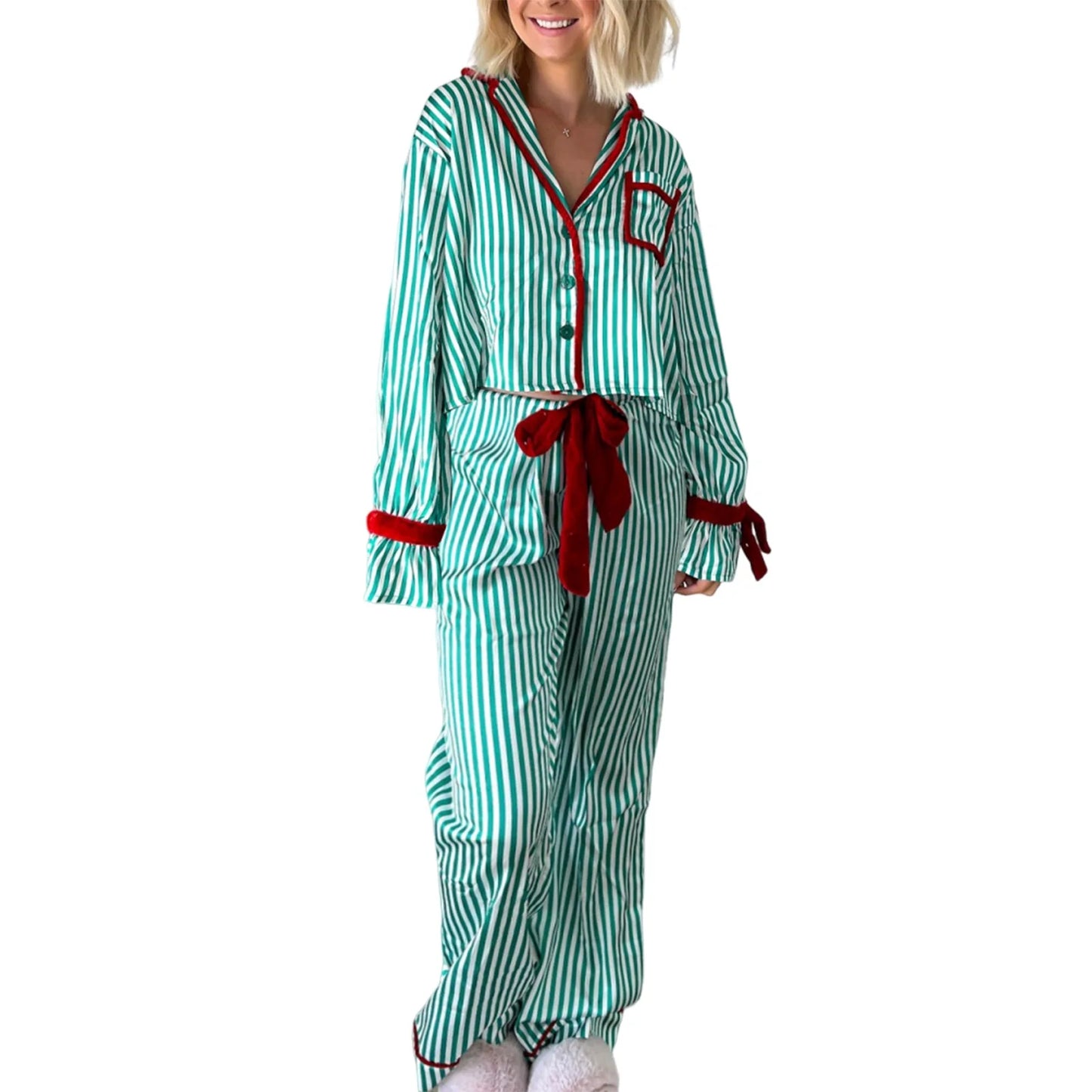 Womens Christmas Pajama Sets Striped Print Long Sleeve Button-up Shirts Tie-up Long Pants 2 Piece Sleepwear Pyjama Loungewear