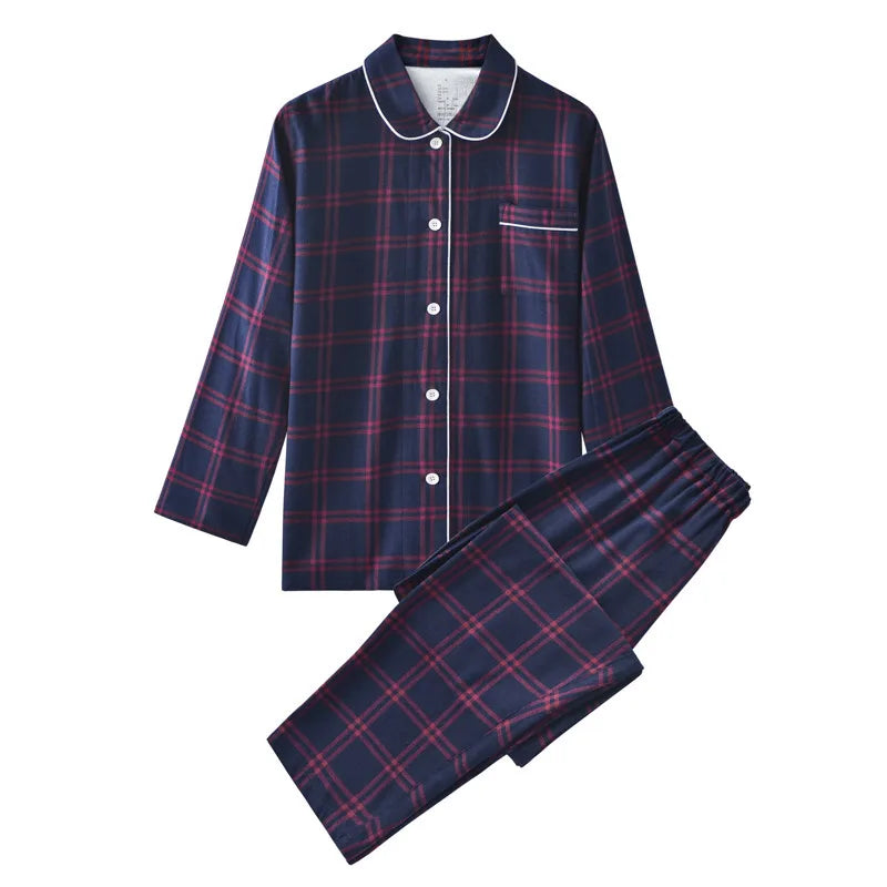 Couple's Home Clothes High-quality Cotton Flannel Warm Long Sleeve Long Trousers 2 Pcs Pajamas Set Checkered Sleepwear Clothes