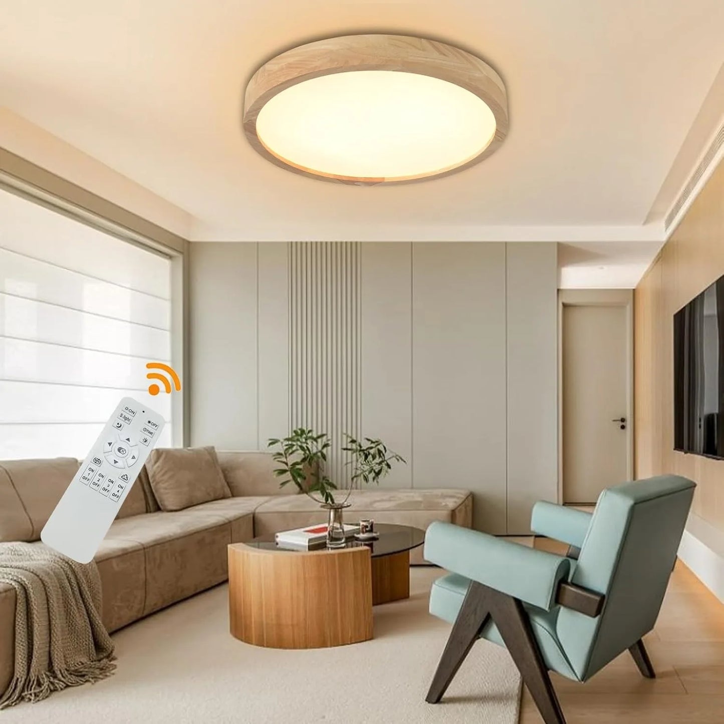 15.7 Inch Modern Wood Led Ceiling Light Fixture, 3000K-6000K Dimmable Round Flush Mount Lighting Fixtures, for Living Room