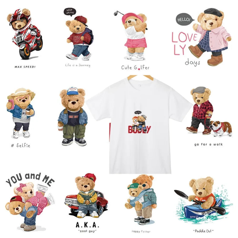 Cartoon Teddy Bear Sewing Hot Stamping Pattern Heat Transfer Printing Sticker High Elasticity Water-resistant Wash Resistant
