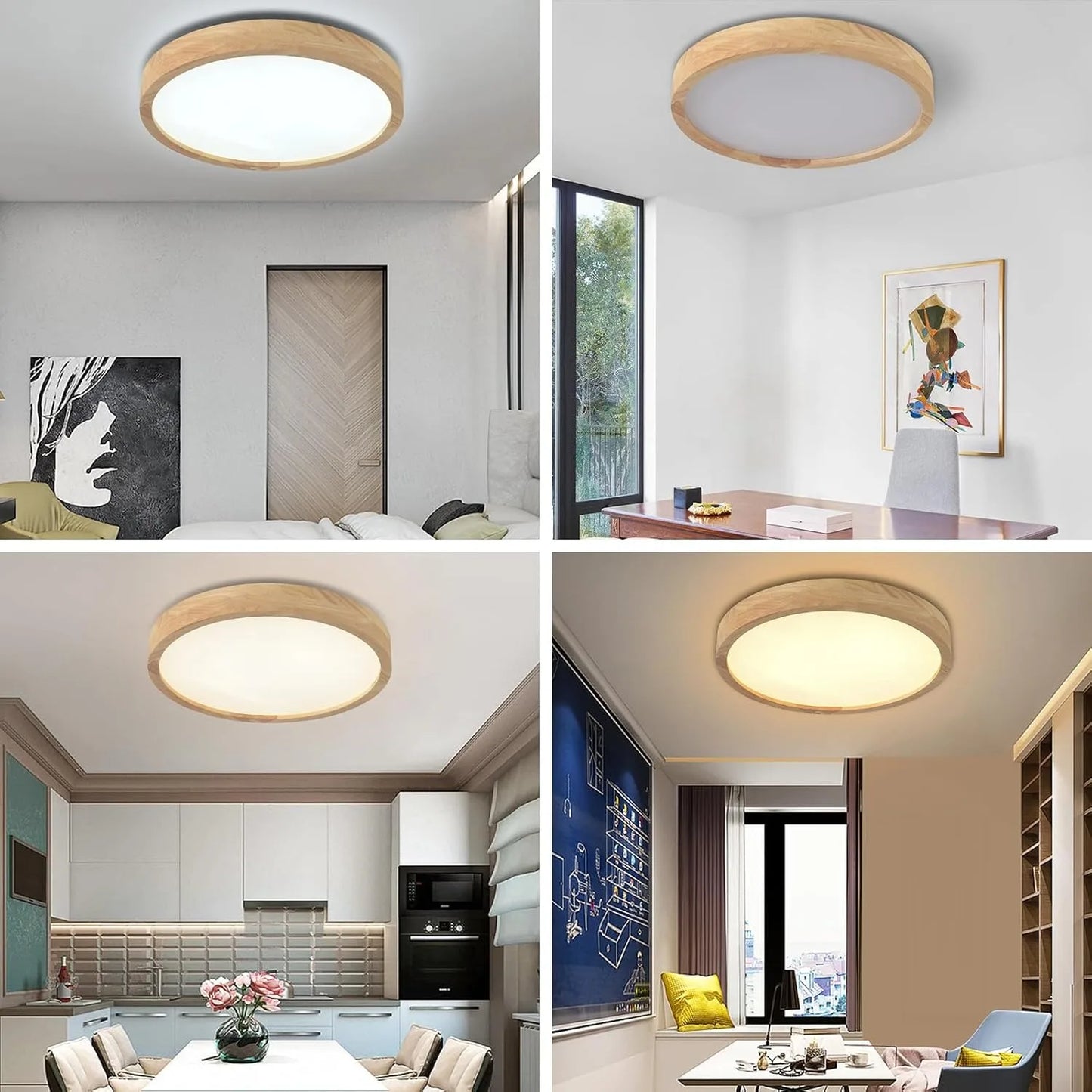 15.7 Inch Modern Wood Led Ceiling Light Fixture, 3000K-6000K Dimmable Round Flush Mount Lighting Fixtures, for Living Room