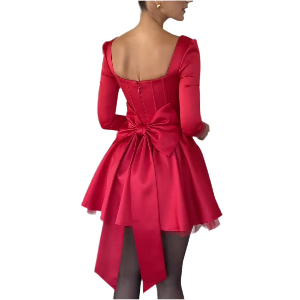 Bafftafe A Line Red Satin Mini Prom Dresses Long Sleeves Bow Back Customized Formal Homecoming Party Gowns Birthday Dress Women
