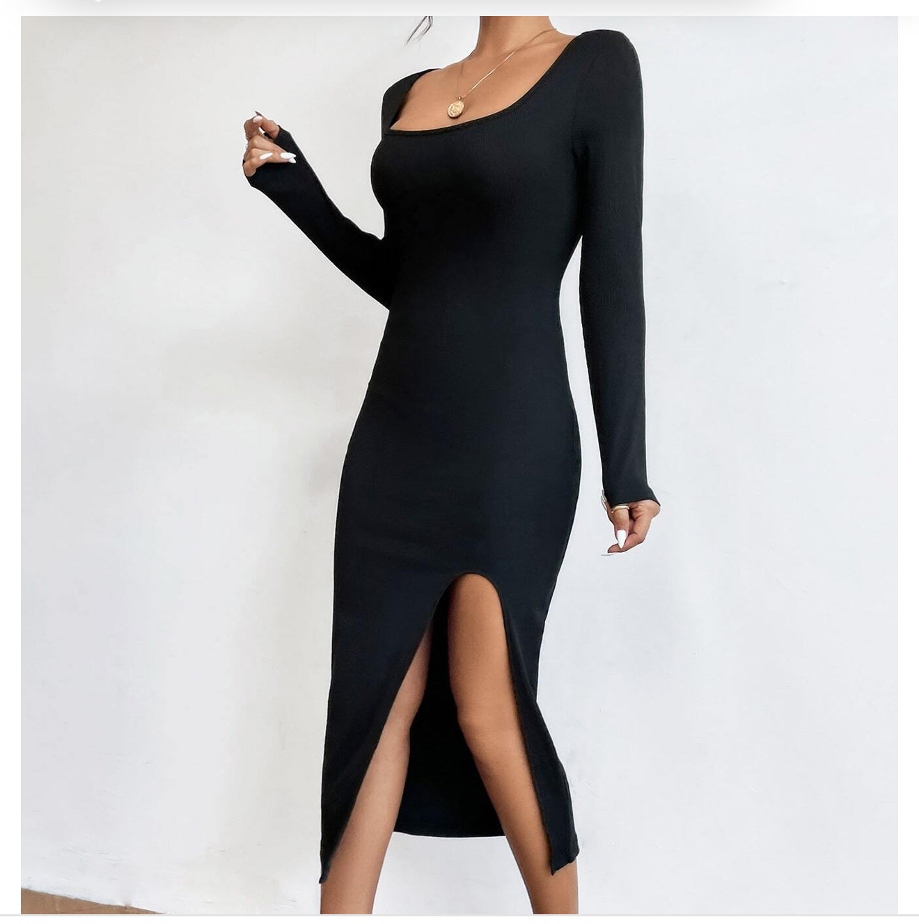 Autumn And Winter Elegant And Sophisticated Square Neck Mid-length Dress For Women