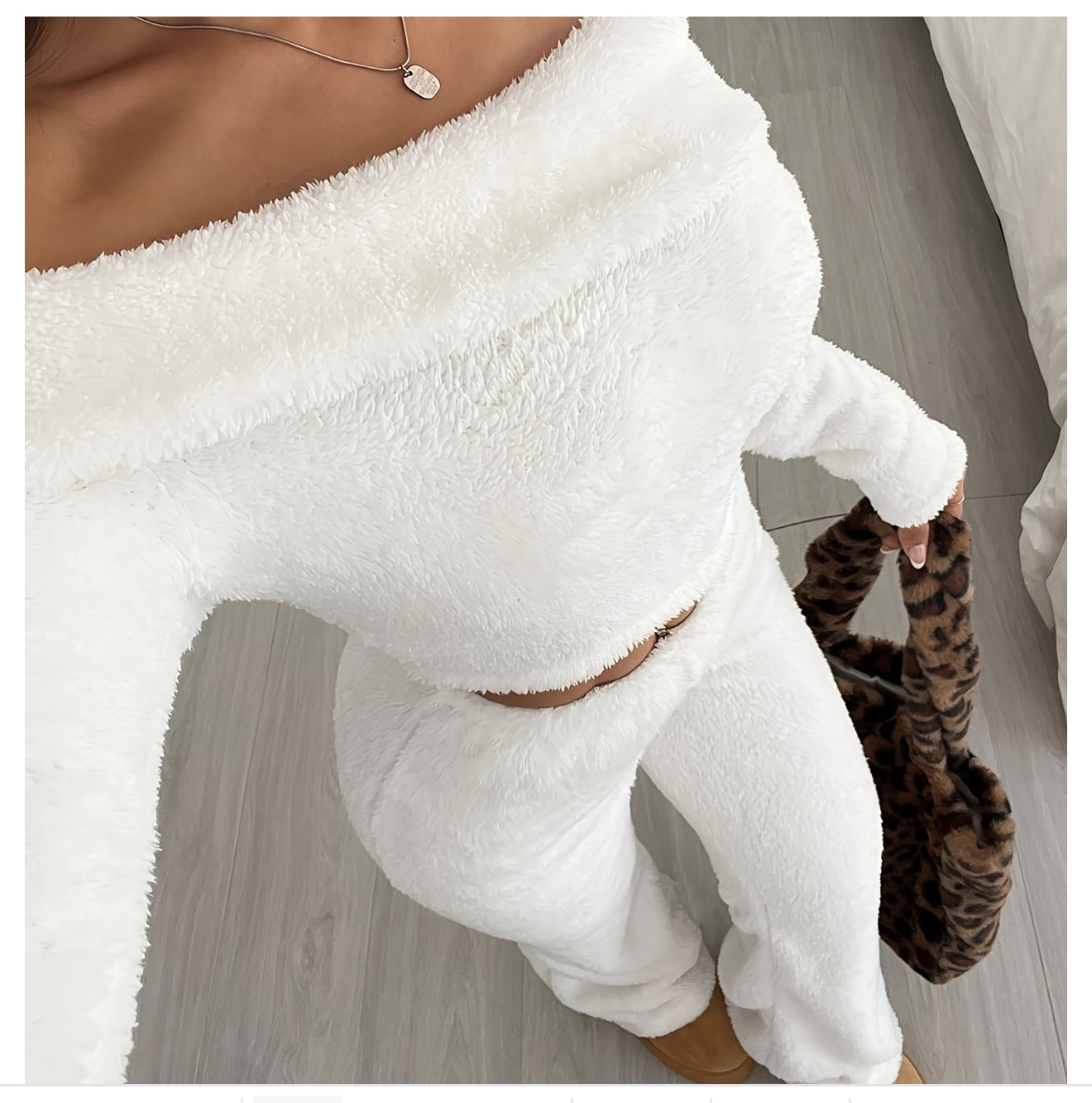 Casual Solid Color Women's Long Pants Sport Furry Pants Cuffed Pants Set
