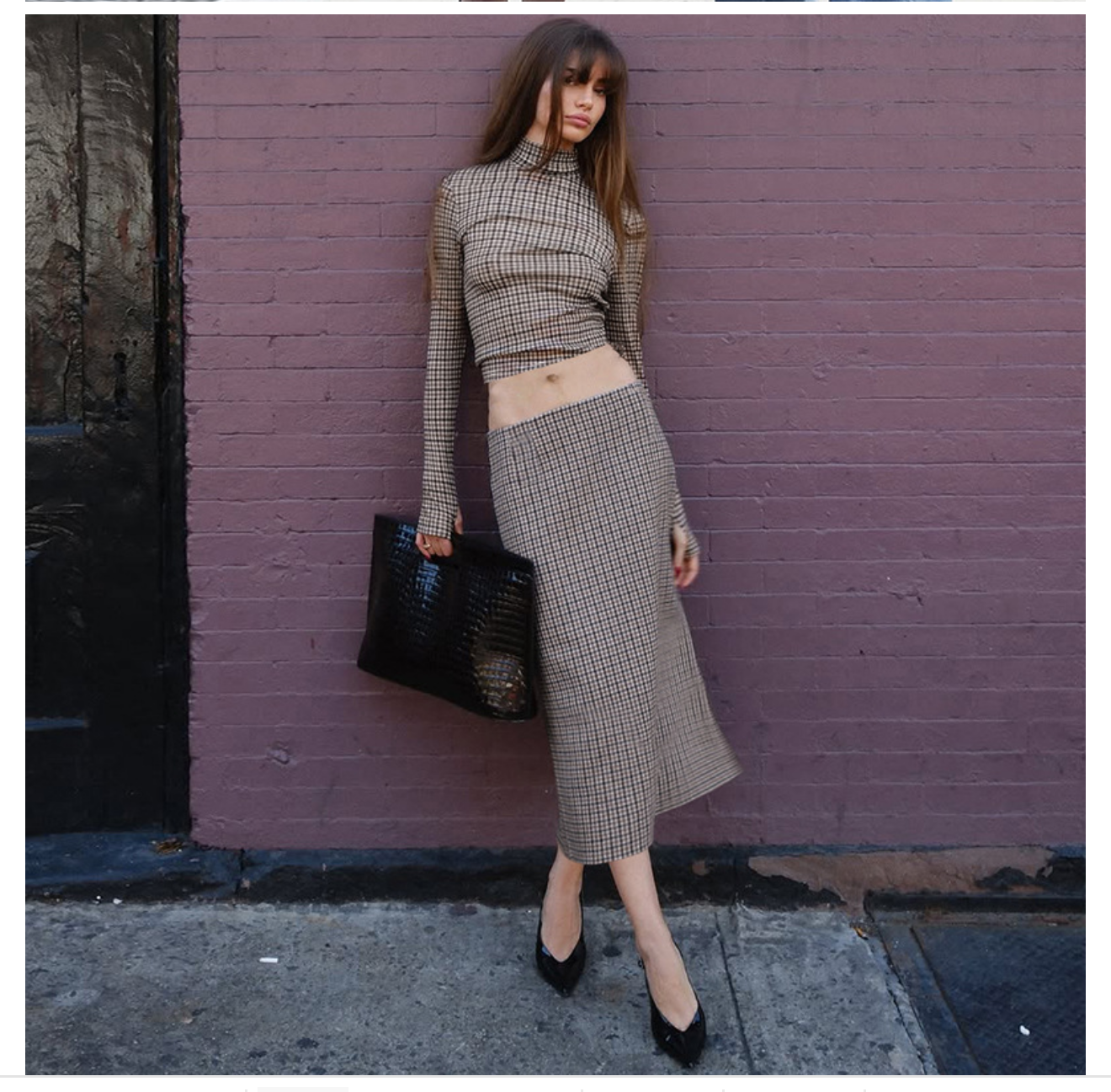 Fashion Plaid Print Long-sleeve Stand Collar Top Slim Fit Versatile Long Skirt Set
