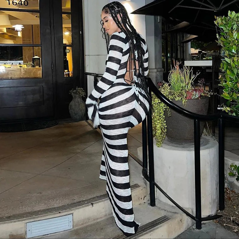 ANJAMANOR Black and White Striped Fall Dress Woman Elegant Sexy Flare Sleeve Deep V Backless Long Dresses Club Outfits D70-DI30