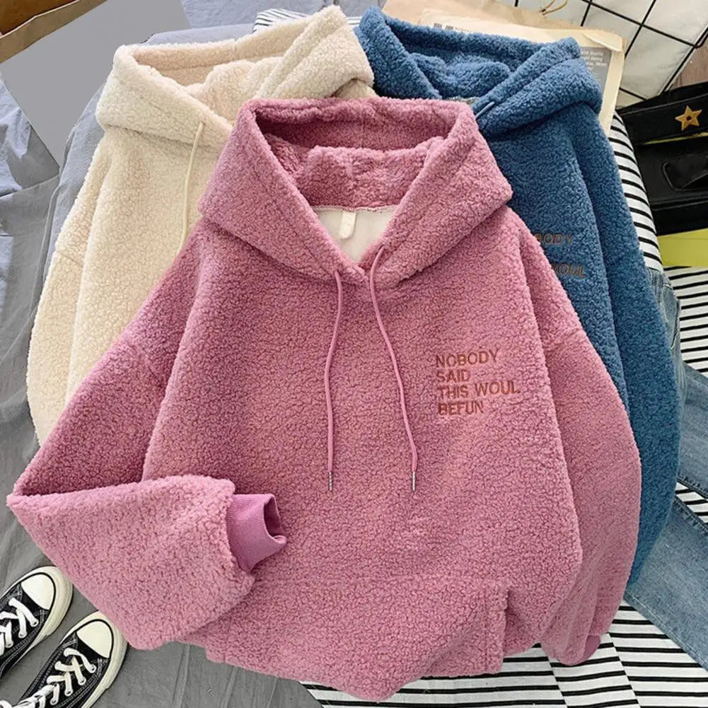 Casual Hooded Sweatshirt Cozy Fall Winter Women's Hoodie with Drawstring Patch Pocket Warm Fleece Pullover with Letter for Cold