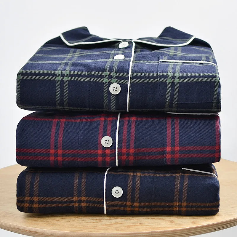 Couple's Home Clothes High-quality Cotton Flannel Warm Long Sleeve Long Trousers 2 Pcs Pajamas Set Checkered Sleepwear Clothes