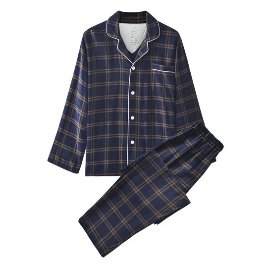 Couple's Home Clothes High-quality Cotton Flannel Warm Long Sleeve Long Trousers 2 Pcs Pajamas Set Checkered Sleepwear Clothes