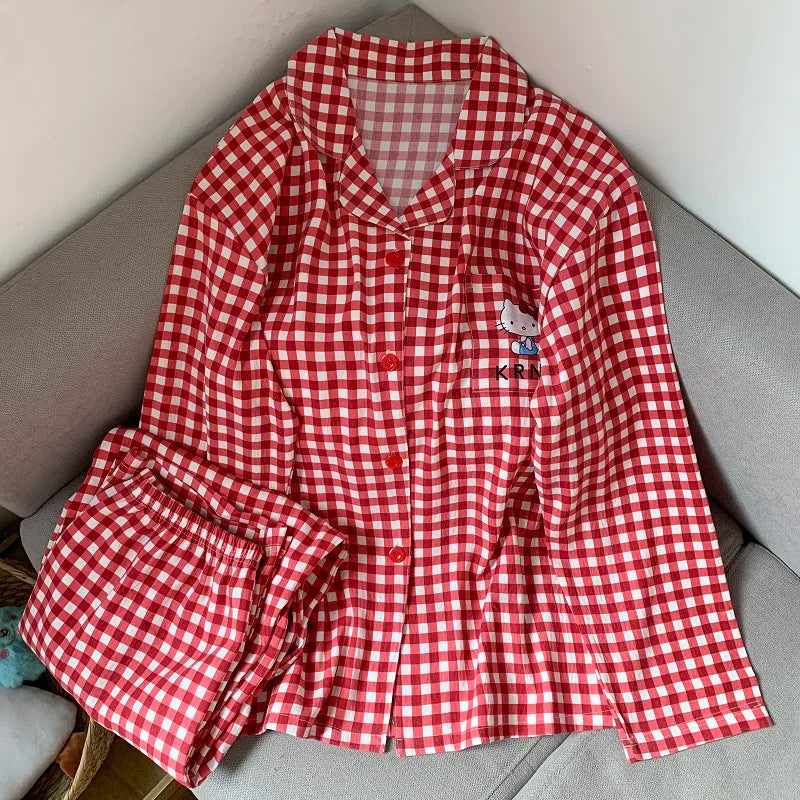 Plus Size Women Hello Kitty Pajamas Set Kawaii Homewear Long Sleeve Two Piece Pajama Set Loose Sleepwear Outfit Christmas Gift