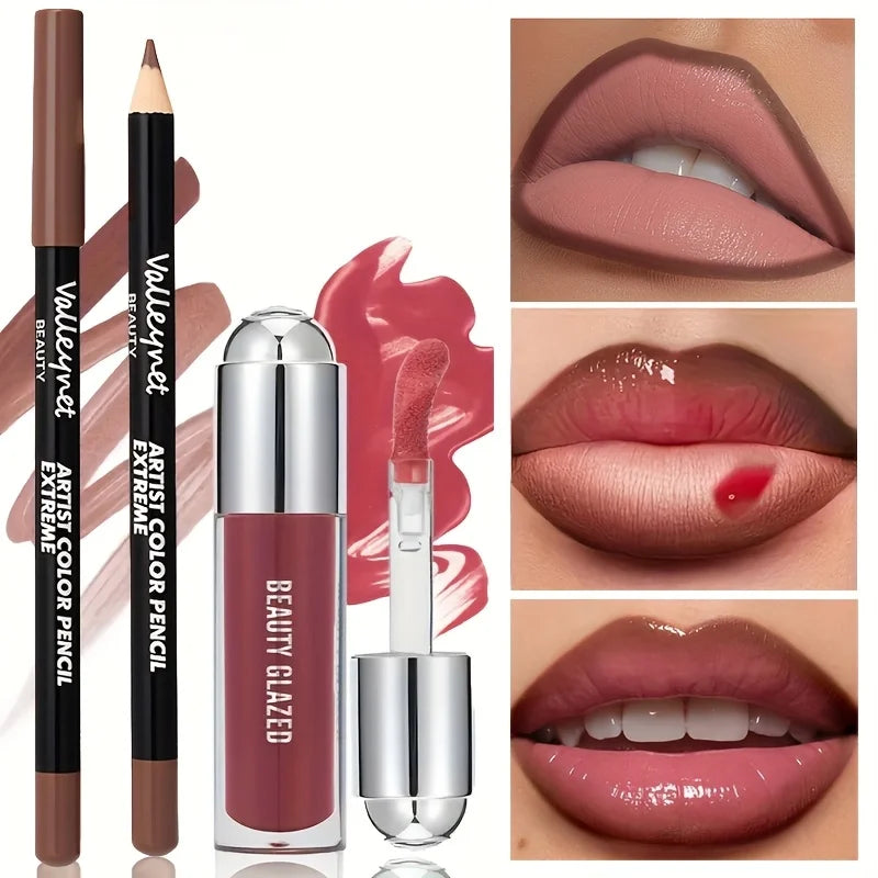 2pcs Lip Gloss & Liner Set Lip Glow Oil with Long-Lasting  Beauty Matte Lip Gloss Matte Lipstick Lip Liner, Lip Liner Set Daily