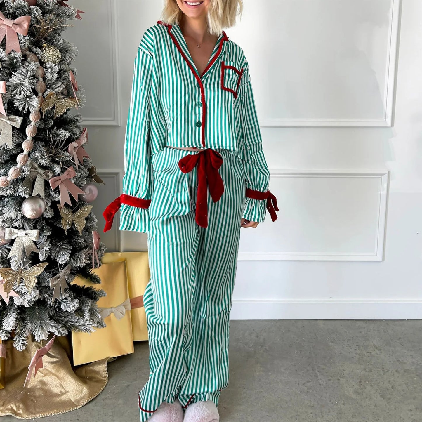 Womens Christmas Pajama Sets Striped Print Long Sleeve Button-up Shirts Tie-up Long Pants 2 Piece Sleepwear Pyjama Loungewear