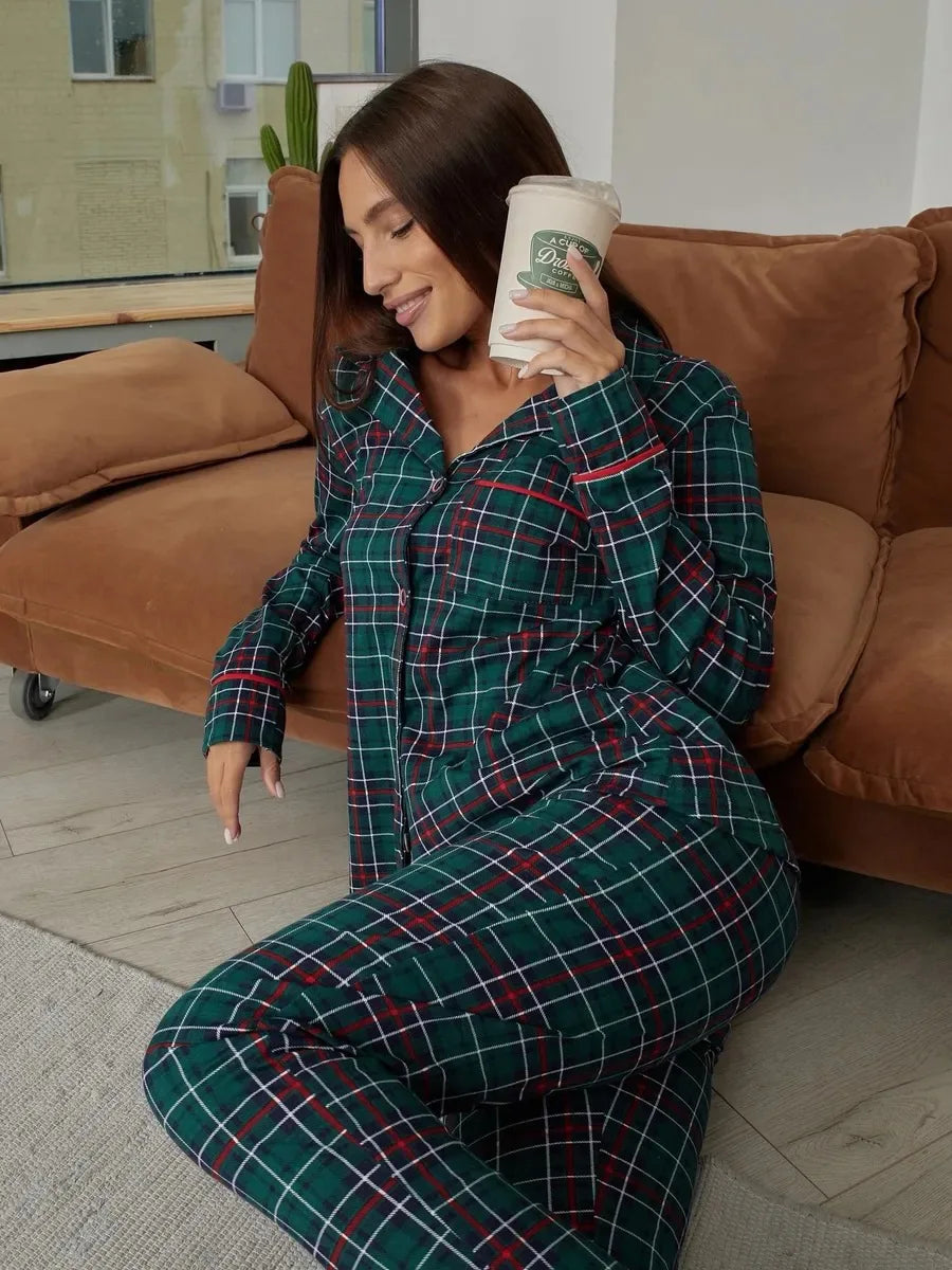 Mozuleva 100% Cotton Plaid Long Sleeved Pants Pajamas Set Autumn New Women's Comfortable Home Clothing Nightgown 2-Piece Set