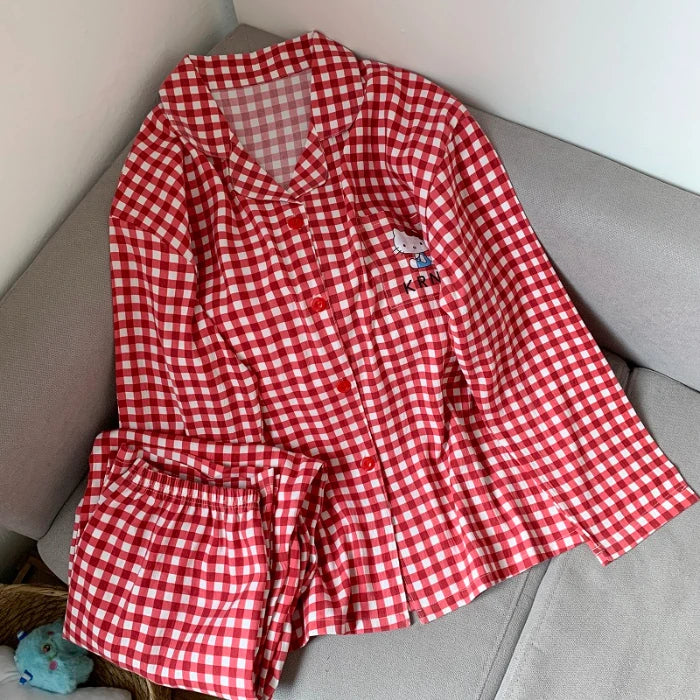 Plus Size Women Hello Kitty Pajamas Set Kawaii Homewear Long Sleeve Two Piece Pajama Set Loose Sleepwear Outfit Christmas Gift