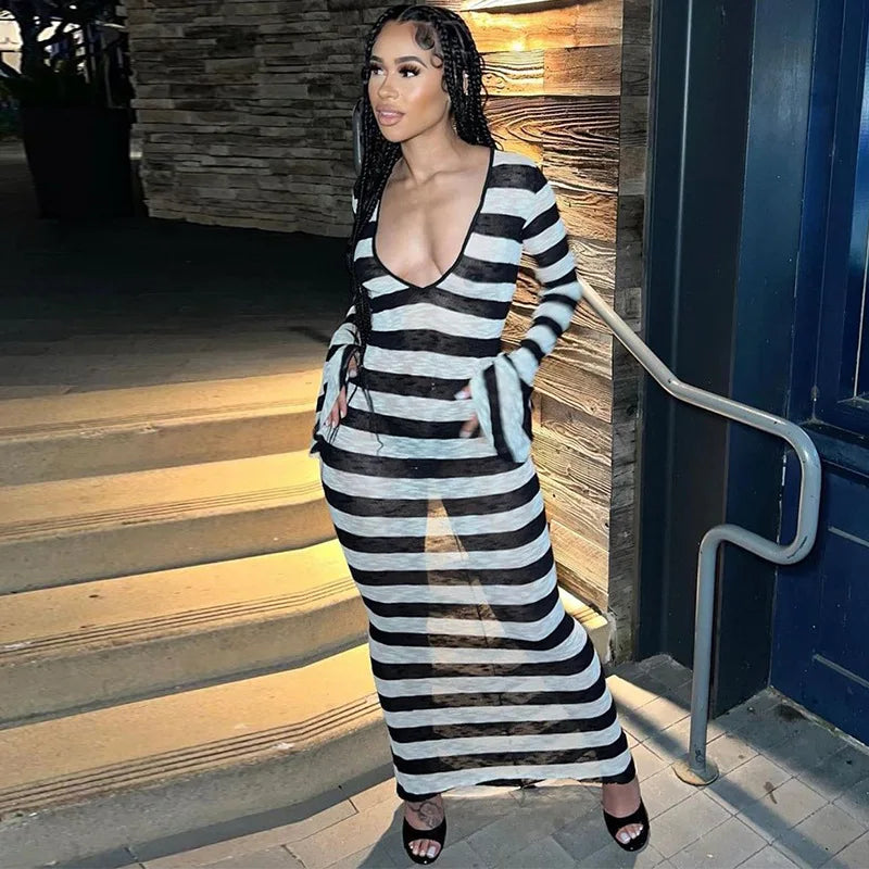ANJAMANOR Black and White Striped Fall Dress Woman Elegant Sexy Flare Sleeve Deep V Backless Long Dresses Club Outfits D70-DI30