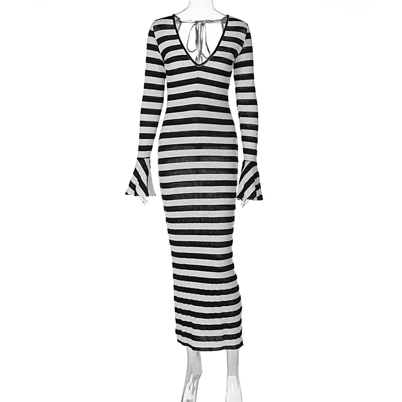 ANJAMANOR Black and White Striped Fall Dress Woman Elegant Sexy Flare Sleeve Deep V Backless Long Dresses Club Outfits D70-DI30