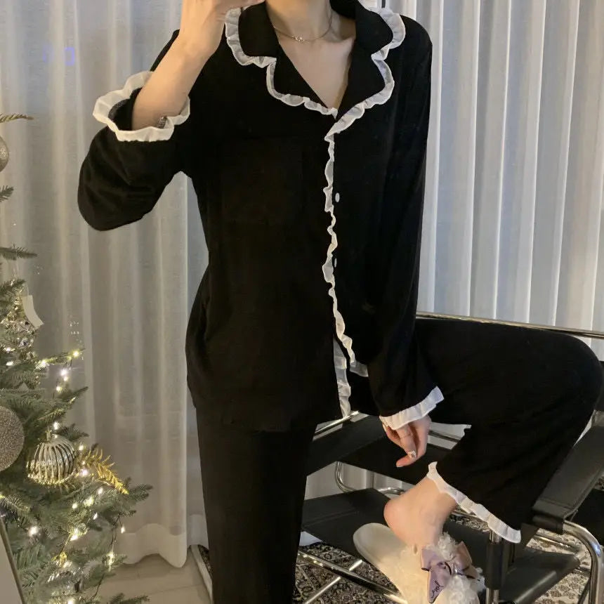 2Pcs/set Women's Nightwear Sexy Lace Long Sleeve Long Pants Simple Black Autumn and Winter Cardigan Young Girls Clothes Womens