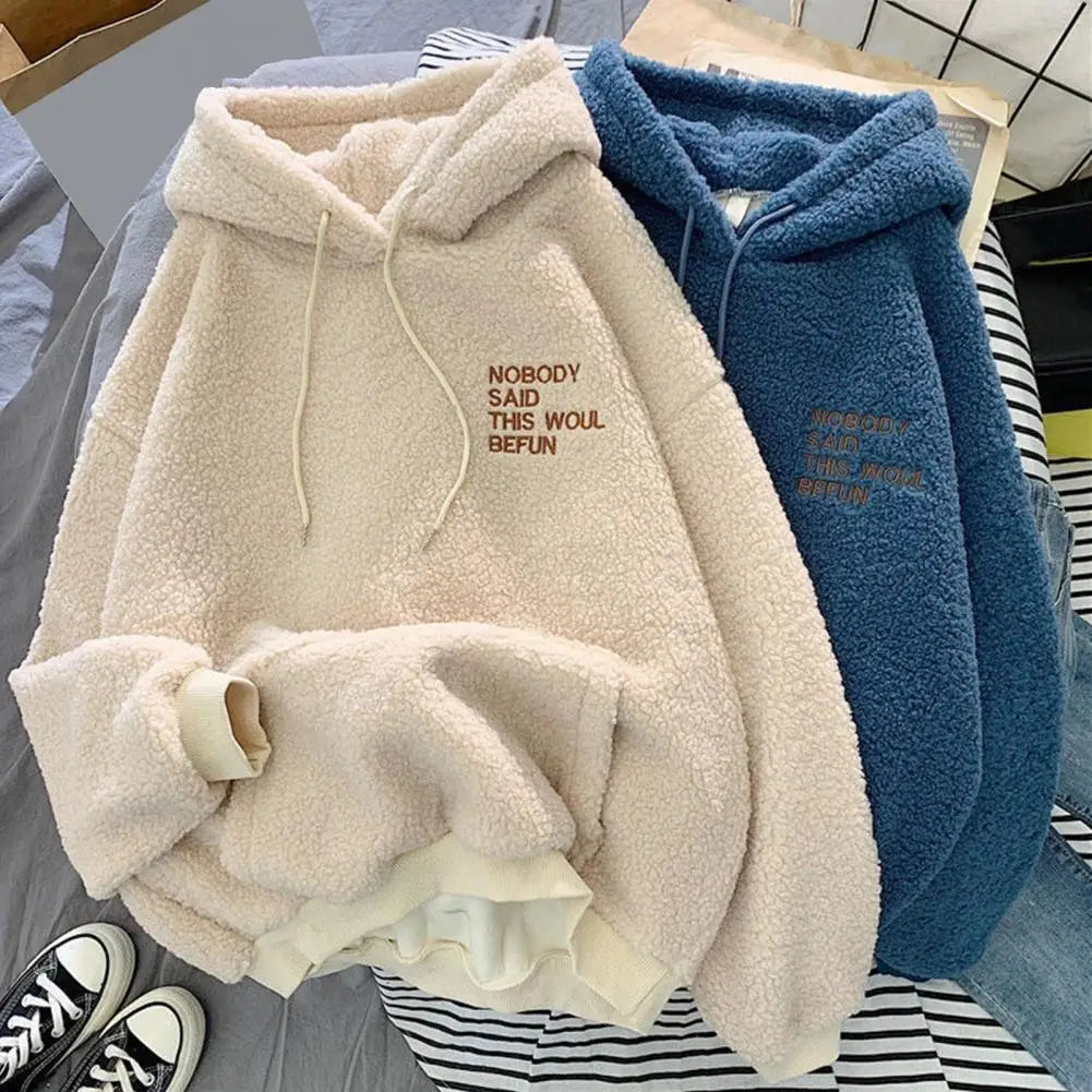Casual Hooded Sweatshirt Cozy Fall Winter Women's Hoodie with Drawstring Patch Pocket Warm Fleece Pullover with Letter for Cold