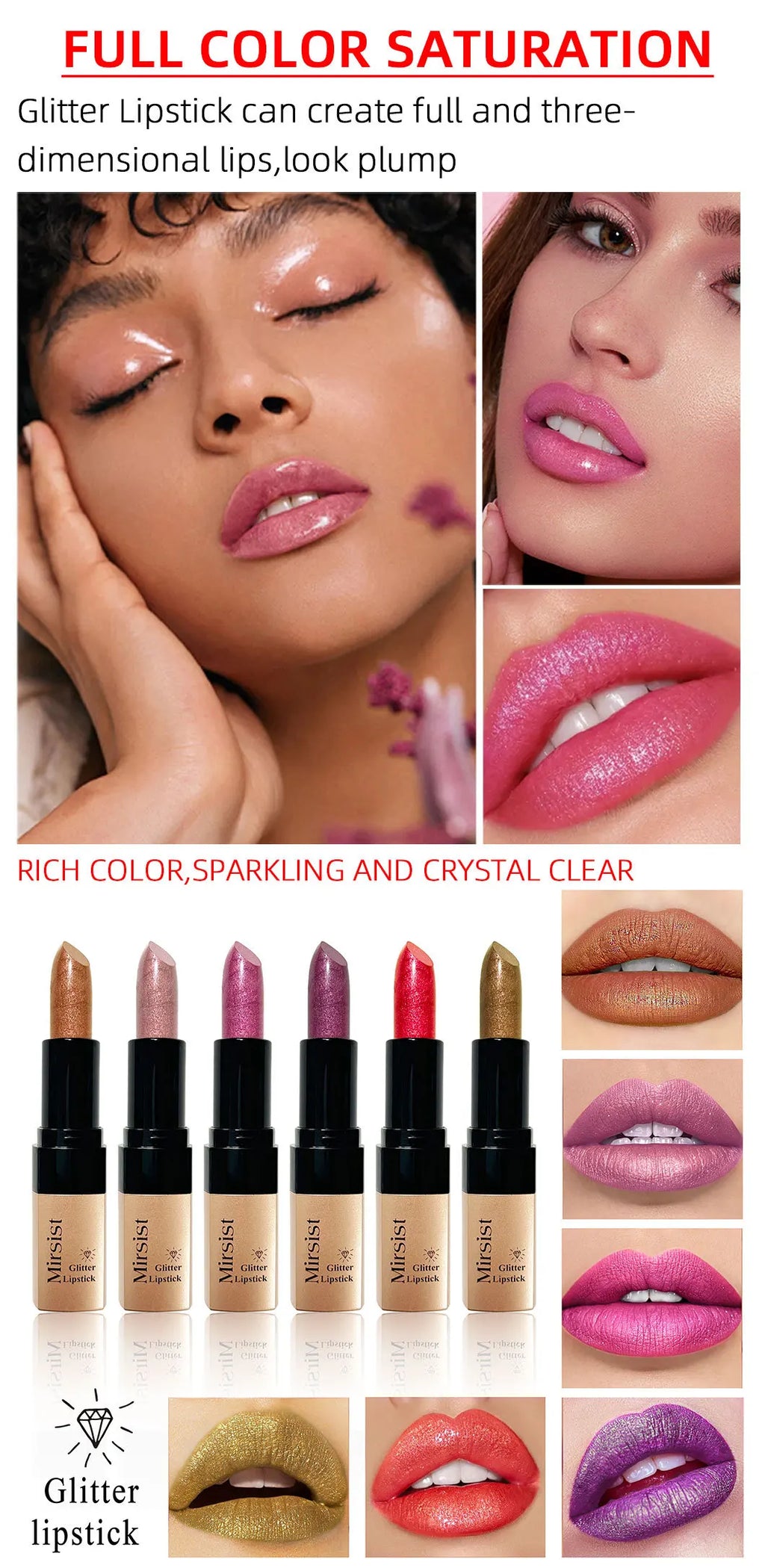 Diamond Lip Gloss Pearlescent Glitter Metallic Shine 6 Color Plump Lipstick Waterproof Long Lasting Lip Makeup