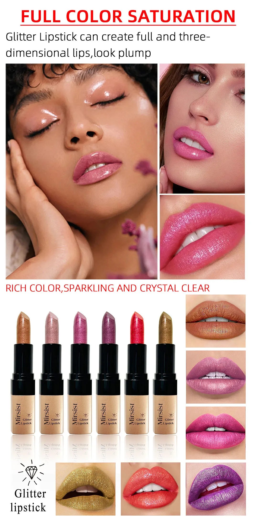 Diamond Lip Gloss Pearlescent Glitter Metallic Shine 6 Color Plump Lipstick Waterproof Long Lasting Lip Makeup
