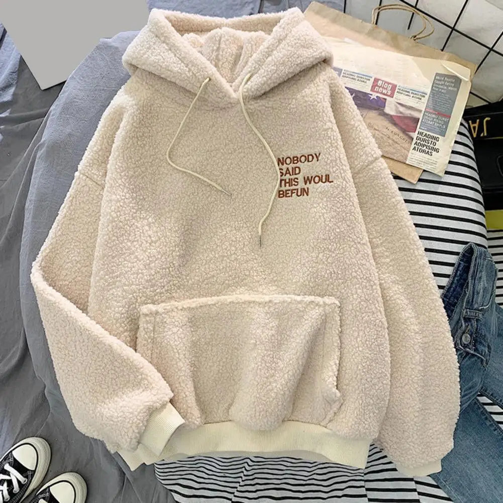 Casual Hooded Sweatshirt Cozy Fall Winter Women's Hoodie with Drawstring Patch Pocket Warm Fleece Pullover with Letter for Cold