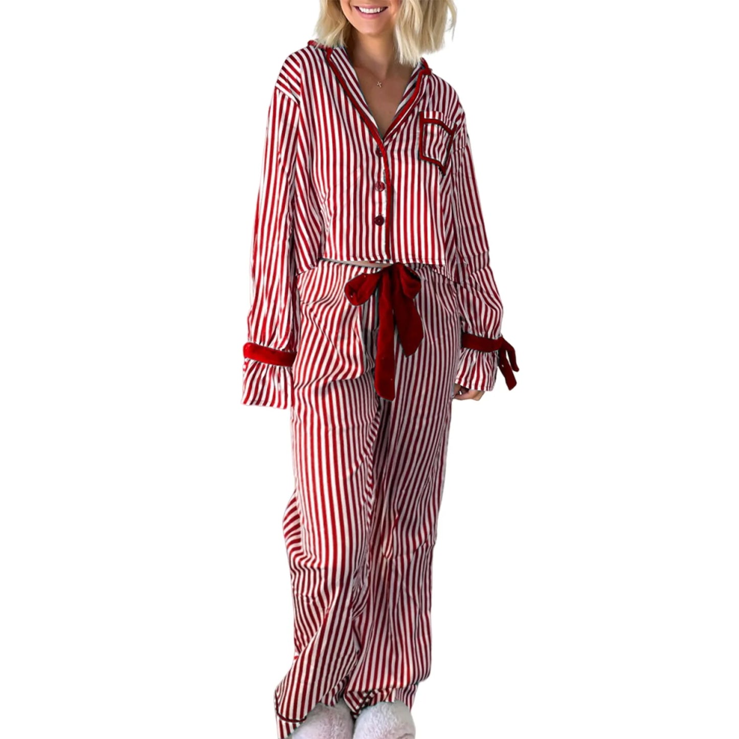 Womens Christmas Pajama Sets Striped Print Long Sleeve Button-up Shirts Tie-up Long Pants 2 Piece Sleepwear Pyjama Loungewear