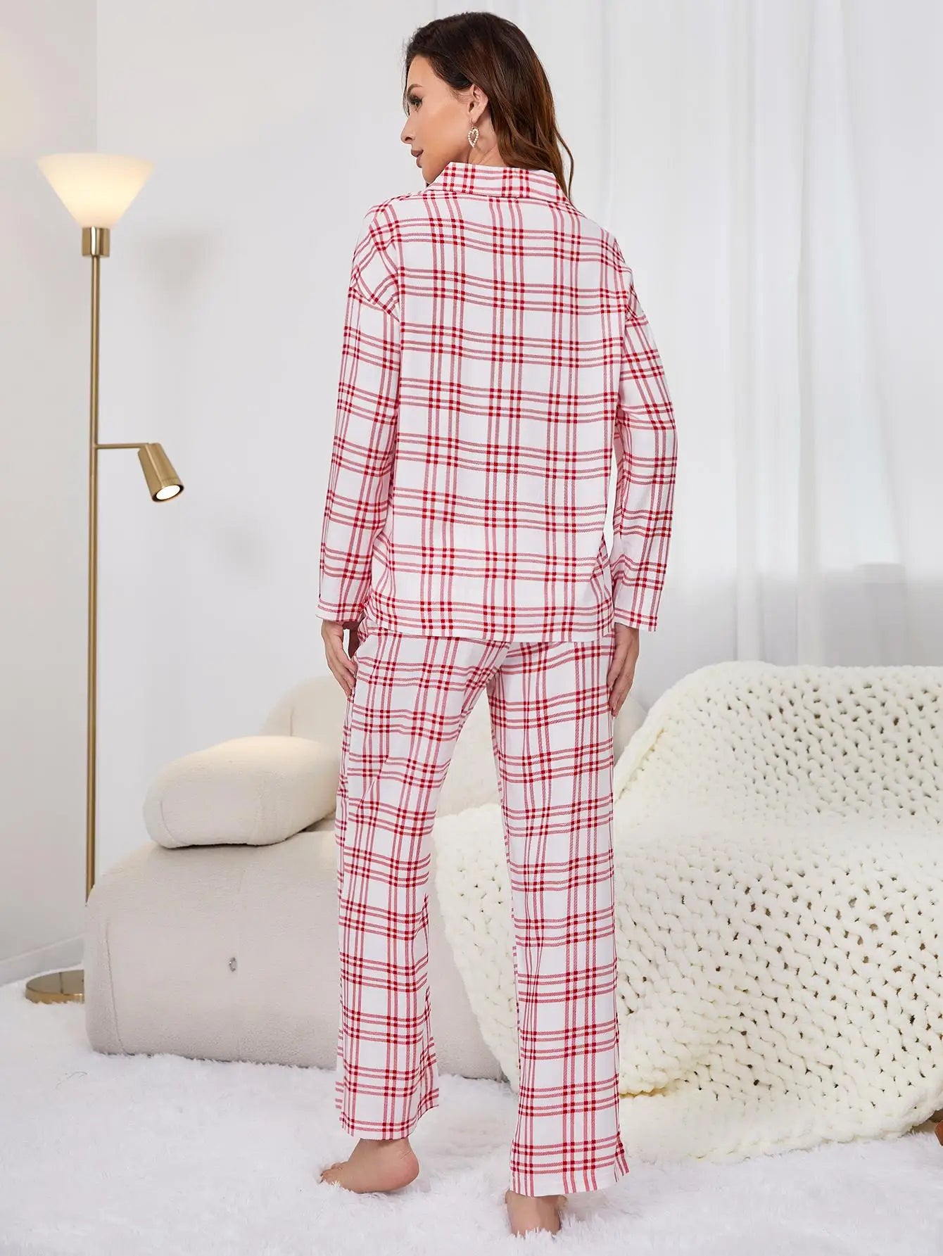 Red Plaid Women's Pajamas 2 Pieces Sleepwear Tops&Pants Autumn Winter Pijamas HomeWear Clothes Front Button With Chest Pocket