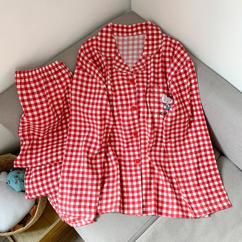 Plus Size Women Hello Kitty Pajamas Set Kawaii Homewear Long Sleeve Two Piece Pajama Set Loose Sleepwear Outfit Christmas Gift