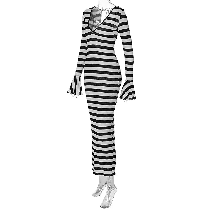 ANJAMANOR Black and White Striped Fall Dress Woman Elegant Sexy Flare Sleeve Deep V Backless Long Dresses Club Outfits D70-DI30
