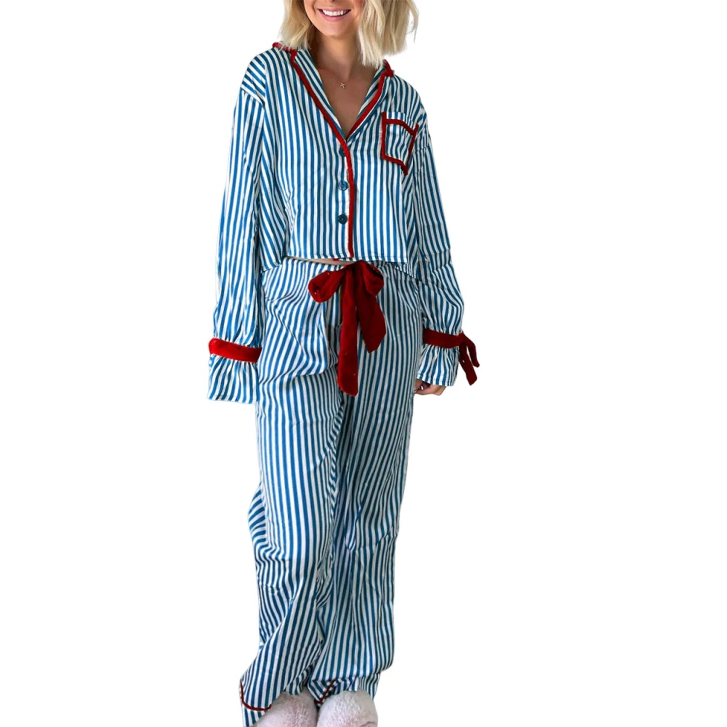 Womens Christmas Pajama Sets Striped Print Long Sleeve Button-up Shirts Tie-up Long Pants 2 Piece Sleepwear Pyjama Loungewear