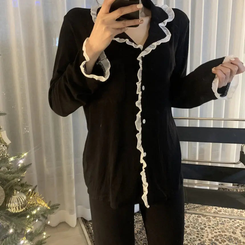 2Pcs/set Women's Nightwear Sexy Lace Long Sleeve Long Pants Simple Black Autumn and Winter Cardigan Young Girls Clothes Womens