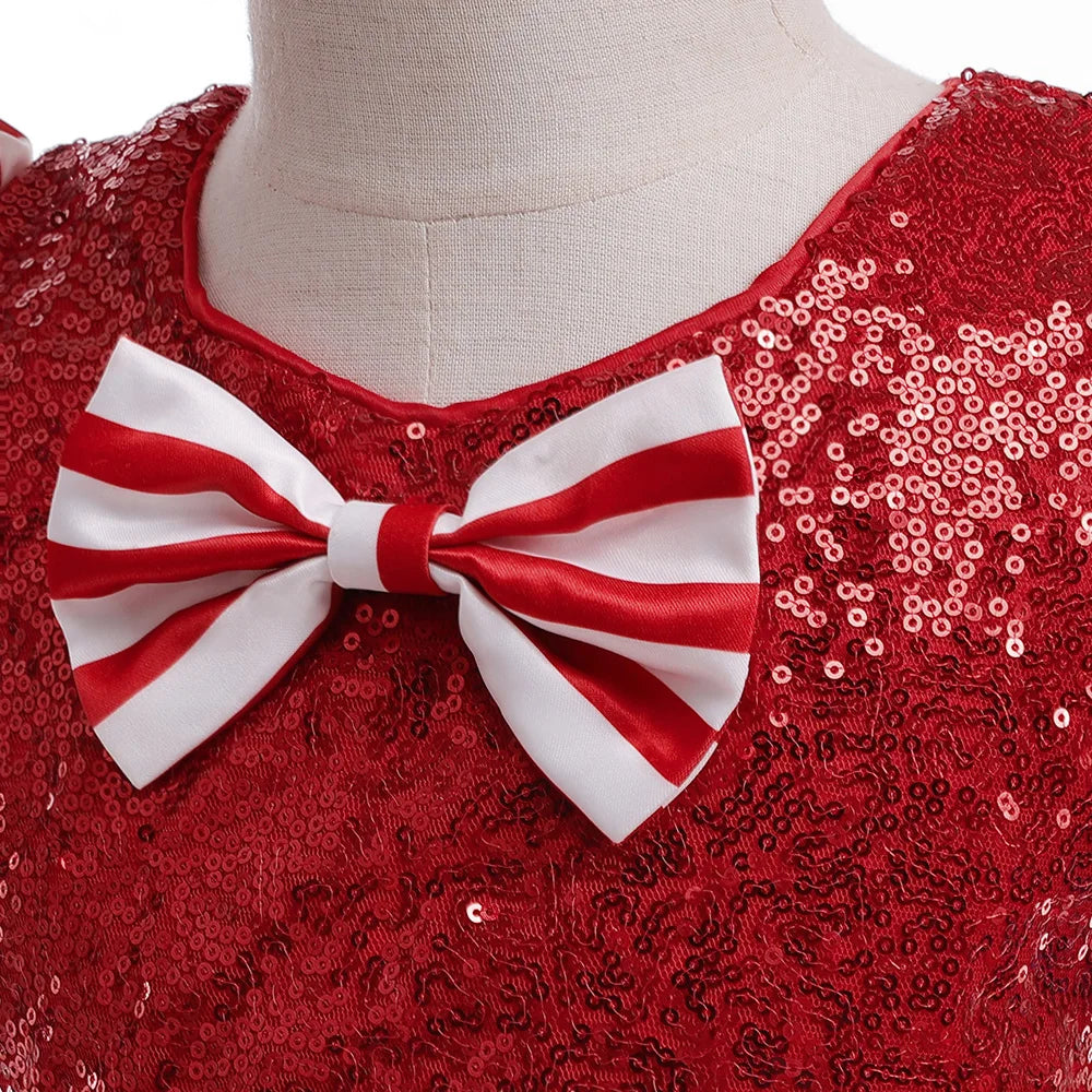 Robe de carnaval de Noël à paillettes brillantes pour filles, robe de princesse rouge avec nœud, robe tutu pour concours de beauté, costumes d'Halloween pour filles