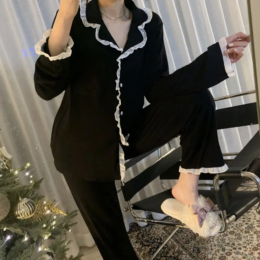 2Pcs/set Women's Nightwear Sexy Lace Long Sleeve Long Pants Simple Black Autumn and Winter Cardigan Young Girls Clothes Womens
