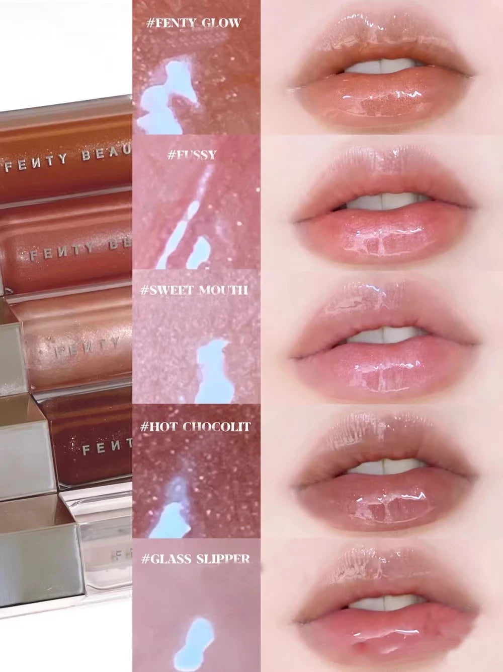 Fenty Beauty Gloss à lèvres soyeux et riche Miel Gloss à lèvres rouge Stardust Poudre compacte pour le contouring Stick illuminateur Diamond Highlighter