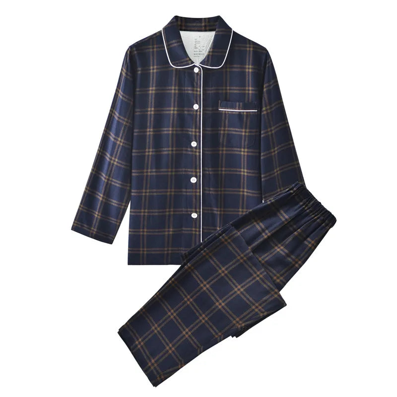 Couple's Home Clothes High-quality Cotton Flannel Warm Long Sleeve Long Trousers 2 Pcs Pajamas Set Checkered Sleepwear Clothes