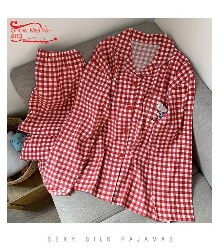 Plus Size Women Hello Kitty Pajamas Set Kawaii Homewear Long Sleeve Two Piece Pajama Set Loose Sleepwear Outfit Christmas Gift