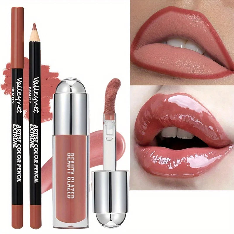 2pcs Lip Gloss & Liner Set Lip Glow Oil with Long-Lasting  Beauty Matte Lip Gloss Matte Lipstick Lip Liner, Lip Liner Set Daily