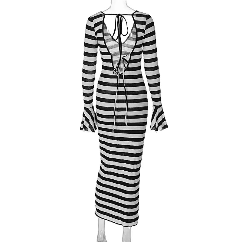 ANJAMANOR Black and White Striped Fall Dress Woman Elegant Sexy Flare Sleeve Deep V Backless Long Dresses Club Outfits D70-DI30