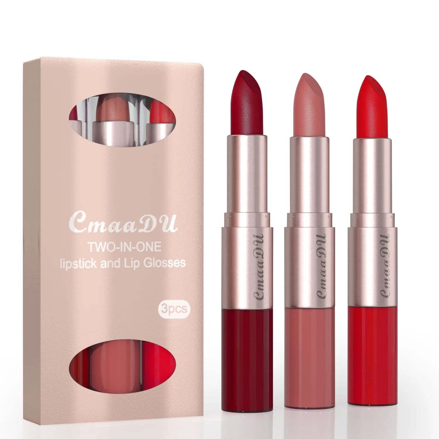 3pcs Lipstick Lipgloss Set Double Head Non-stick Cup Makeup Waterproof Sexy Woman Lip Makeup Long Lasting Lipsticks Kit