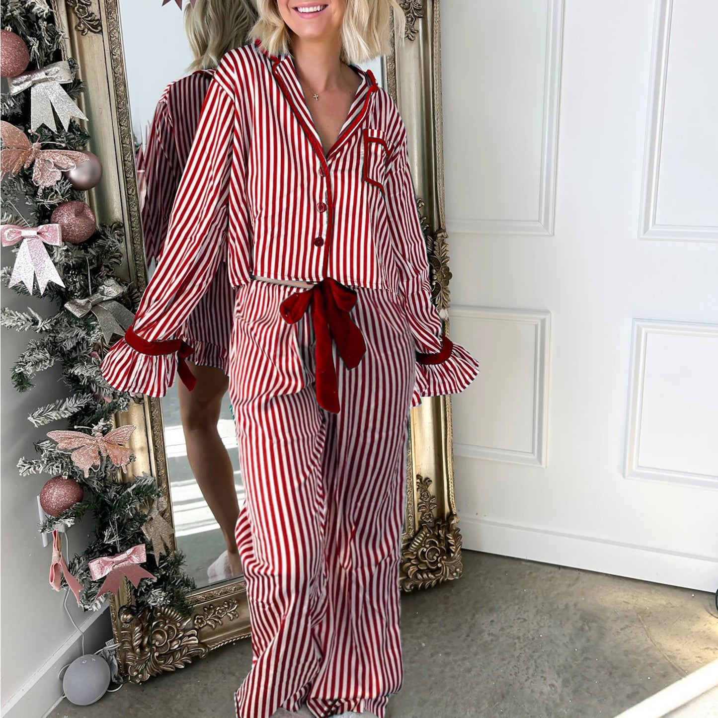 Womens Christmas Pajama Sets Striped Print Long Sleeve Button-up Shirts Tie-up Long Pants 2 Piece Sleepwear Pyjama Loungewear
