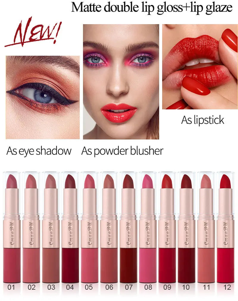 3pcs Lipstick Lipgloss Set Double Head Non-stick Cup Makeup Waterproof Sexy Woman Lip Makeup Long Lasting Lipsticks Kit