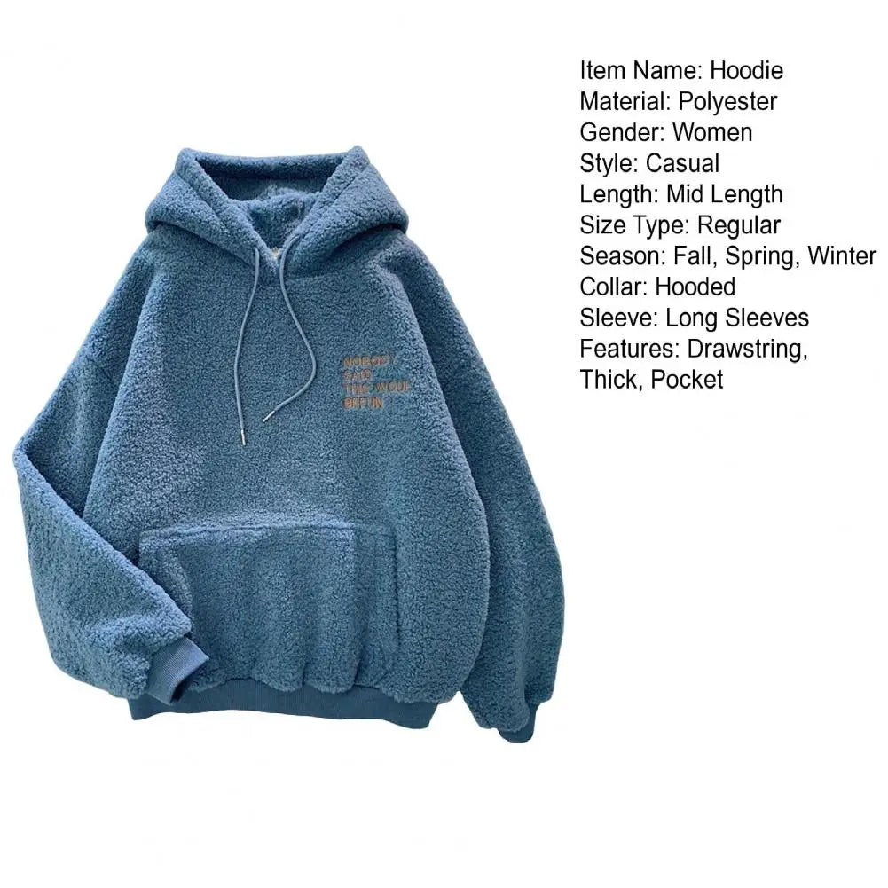 Casual Hooded Sweatshirt Cozy Fall Winter Women's Hoodie with Drawstring Patch Pocket Warm Fleece Pullover with Letter for Cold
