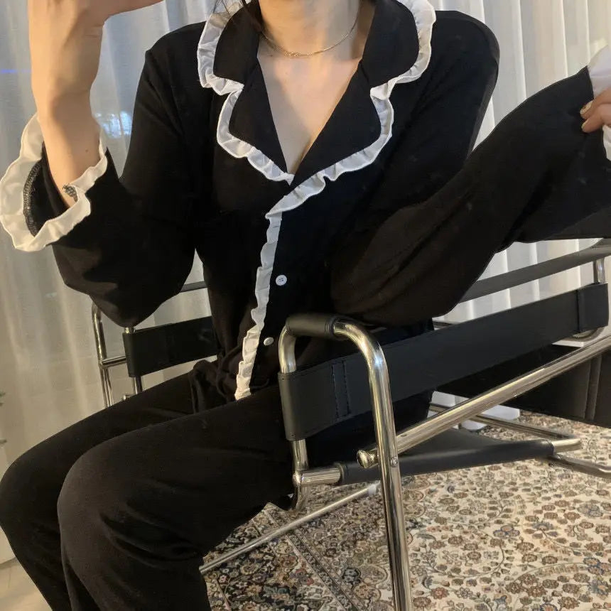 2Pcs/set Women's Nightwear Sexy Lace Long Sleeve Long Pants Simple Black Autumn and Winter Cardigan Young Girls Clothes Womens