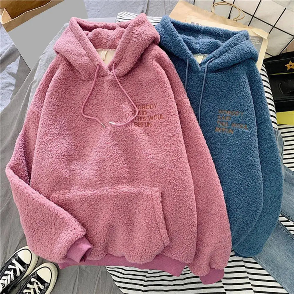 Casual Hooded Sweatshirt Cozy Fall Winter Women's Hoodie with Drawstring Patch Pocket Warm Fleece Pullover with Letter for Cold