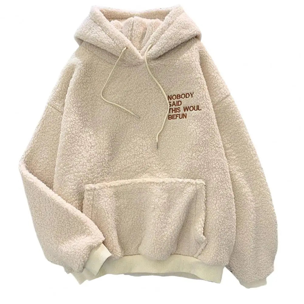 Casual Hooded Sweatshirt Cozy Fall Winter Women's Hoodie with Drawstring Patch Pocket Warm Fleece Pullover with Letter for Cold