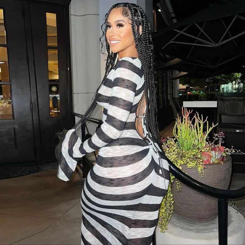 ANJAMANOR Black and White Striped Fall Dress Woman Elegant Sexy Flare Sleeve Deep V Backless Long Dresses Club Outfits D70-DI30