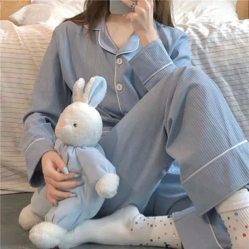 2025 Spring and Autumn New Women's Solid Color Pajamas Homewear Suit Girls Long-Sleeved Autumn and Winter Leisure Homewear Suit