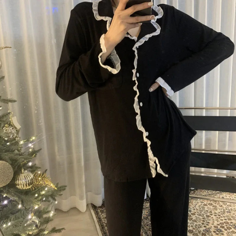 2Pcs/set Women's Nightwear Sexy Lace Long Sleeve Long Pants Simple Black Autumn and Winter Cardigan Young Girls Clothes Womens