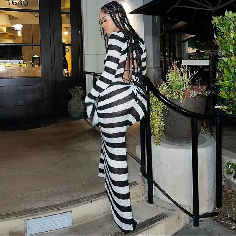 ANJAMANOR Black and White Striped Fall Dress Woman Elegant Sexy Flare Sleeve Deep V Backless Long Dresses Club Outfits D70-DI30