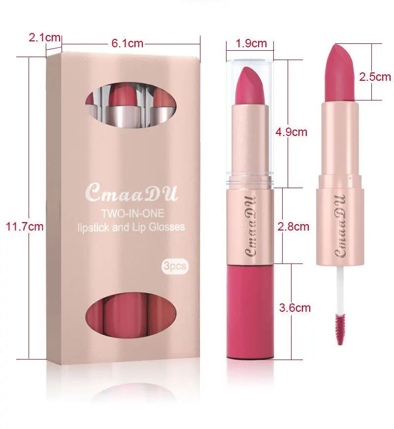 3pcs Lipstick Lipgloss Set Double Head Non-stick Cup Makeup Waterproof Sexy Woman Lip Makeup Long Lasting Lipsticks Kit